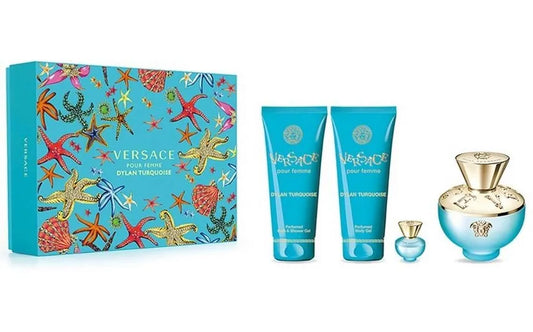 VERSACE DYLAN TURQUOISE for Women 4 pcs SET 3.4 oz EDT Spray + Bath & Shower Gel